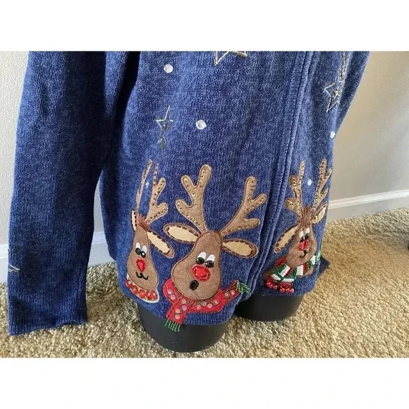 Vintage Ms Lee Christmas Sweater Cardigan Women's Large Embroidered Reindeer - Picture 8 of 16